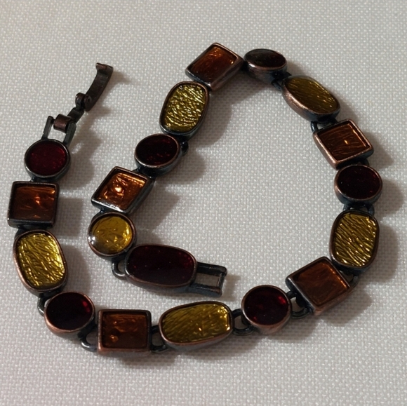 Jewelry - Vintage Signed LC Antiqued Finished Foil Infused Multicolor Linked Bracelet